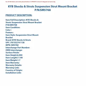 Sm5768 Kyb Shocks & Struts And Suspension Strut Mount Bracket P/n #3