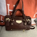 Gas Brown Satchel Top Handle Bag Gold Hardware Zip Closure Detachable Strap. Fixed Price $199.00.